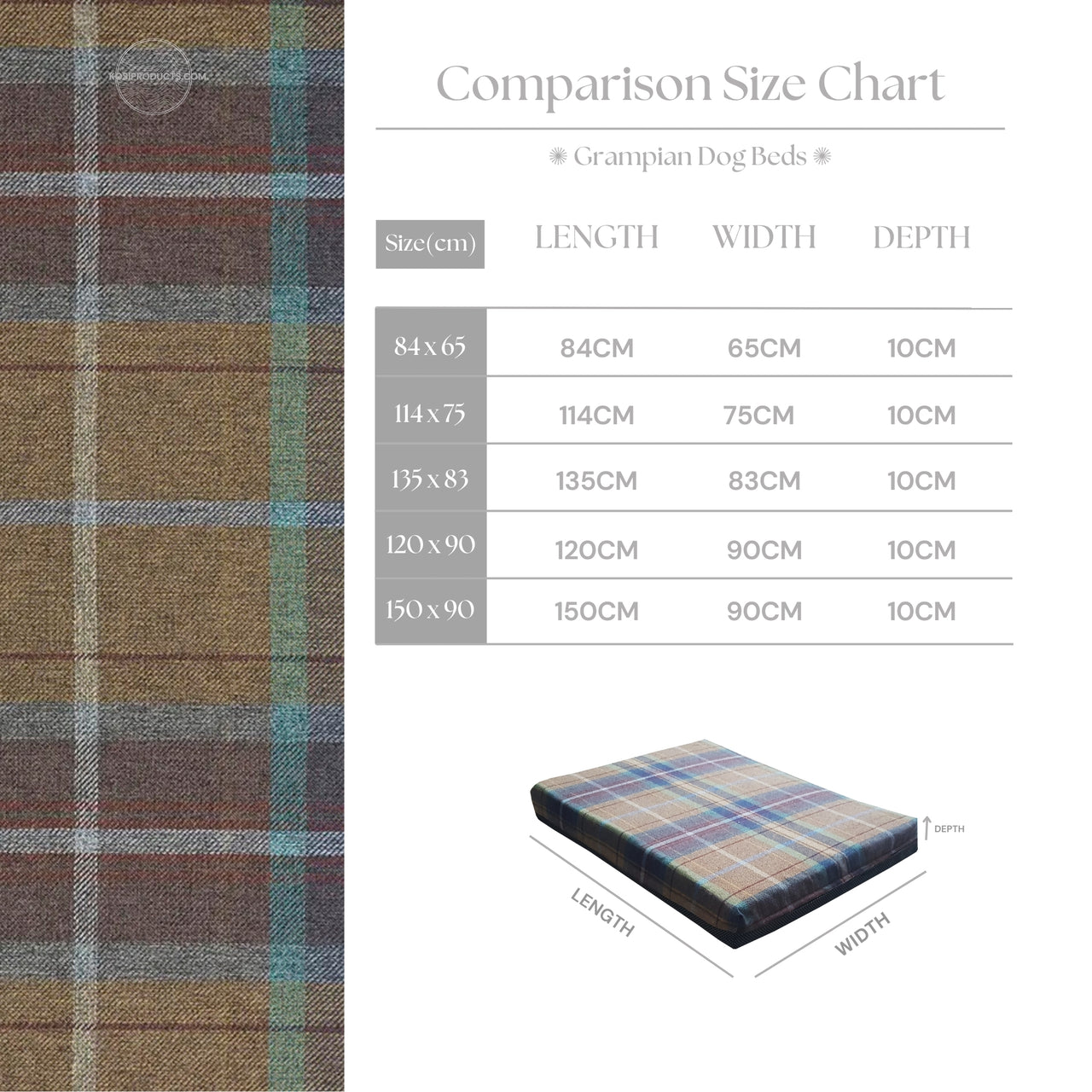 Non Slip Waterproof Dog Bed, Faux Wool, Brushed Check Tartan Removable Cover, Invisible Zip
