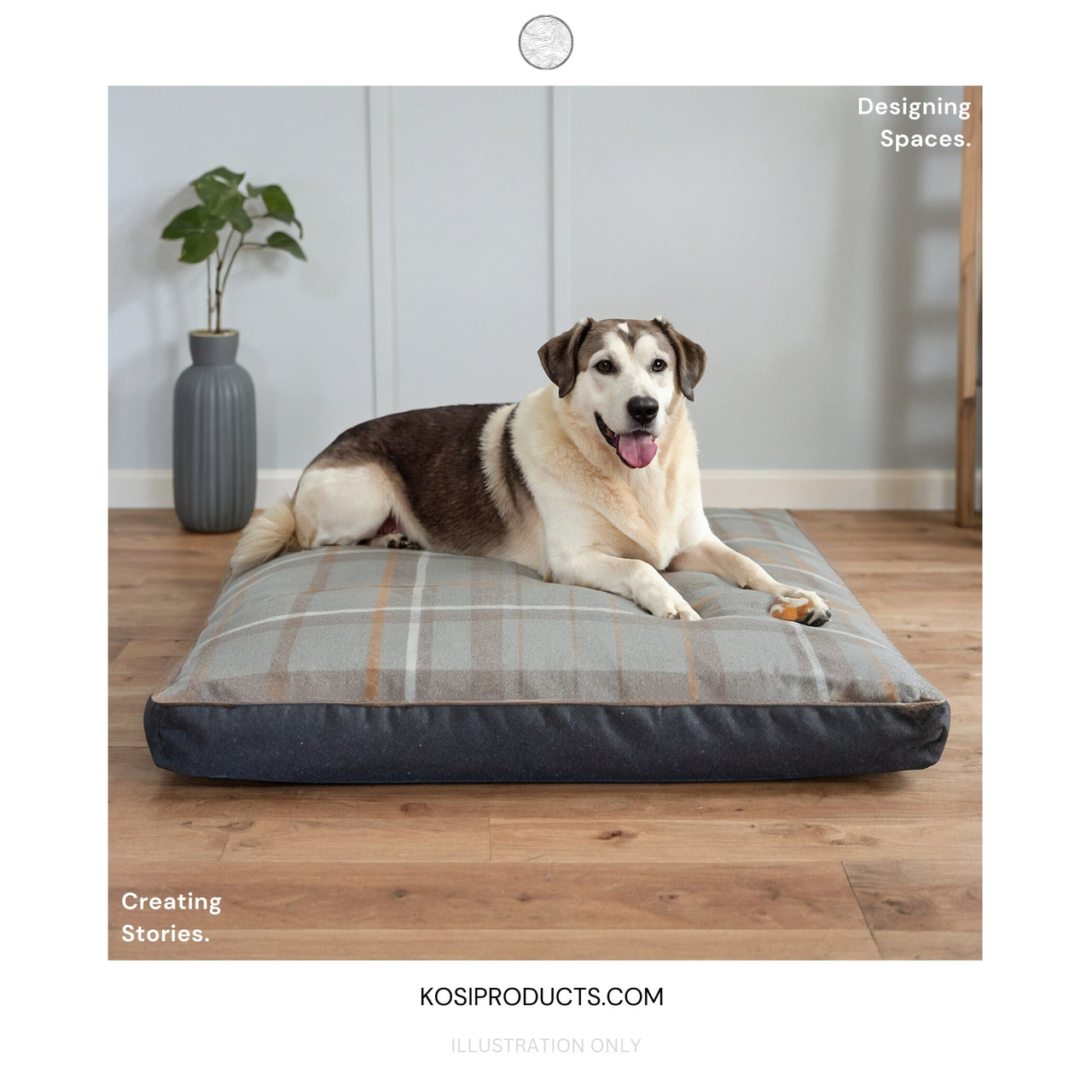 Non Slip Waterproof Dog Bed, Faux Wool, Brushed Check Tartan Removable Cover, Invisible Zip