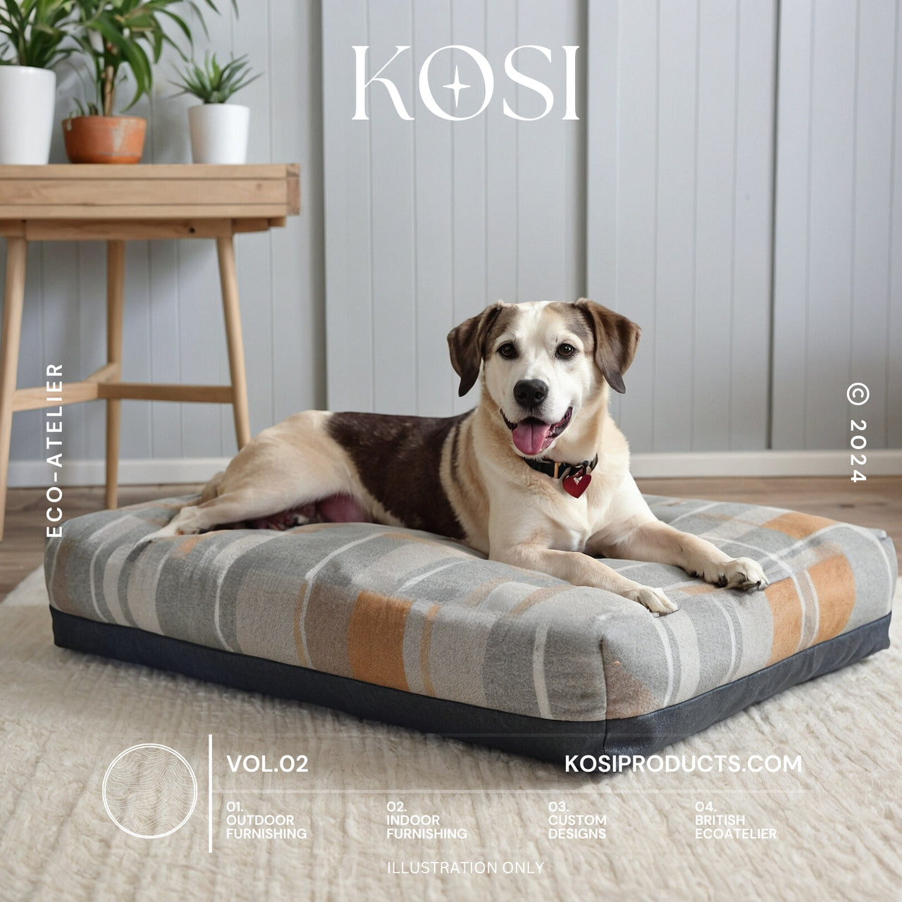 Non Slip Waterproof Dog Bed, Faux Wool, Brushed Check Tartan Removable Cover, Invisible Zip
